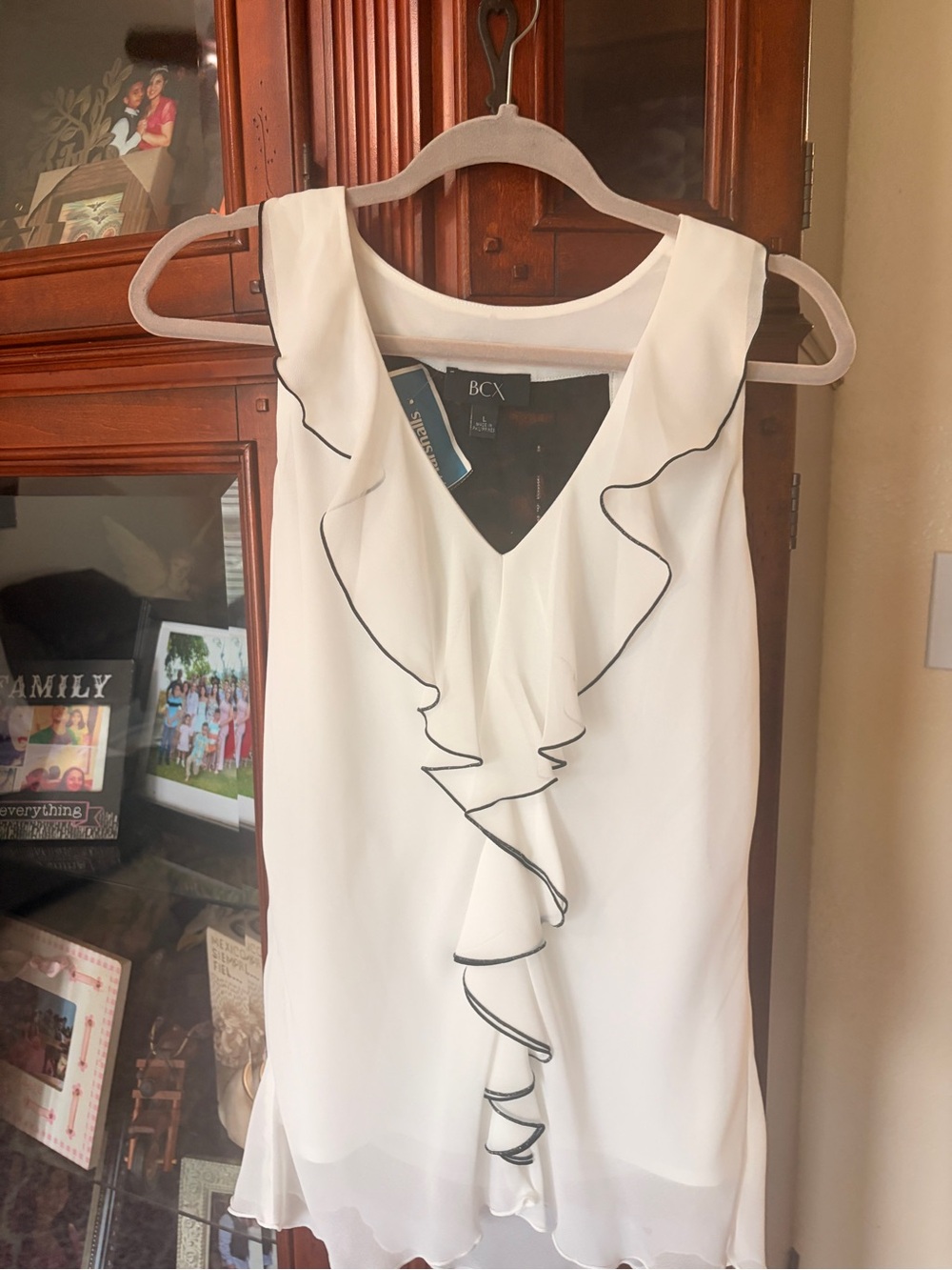 BCX White Sleeveless Ruffle V-Neck Dress with Black Trim